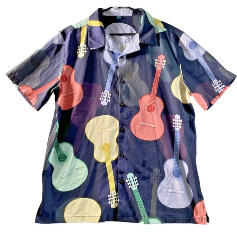 Guitar Print Mens Shirt Size Large Short Sleeve‎ Button Front Aloha, Hawaiian